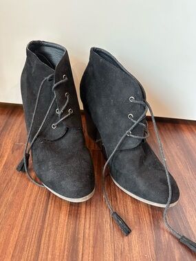 Black Suede Lace-Up Ankle Booties with Tassel Laces